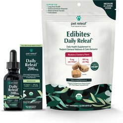 Pet Releaf Favorites - Edibites Daily ReleafBlueberry Cranberry & 200-mg Full Spectrum Hemp Medium & Large Dog Supplement, Chew & Liquid Bundle