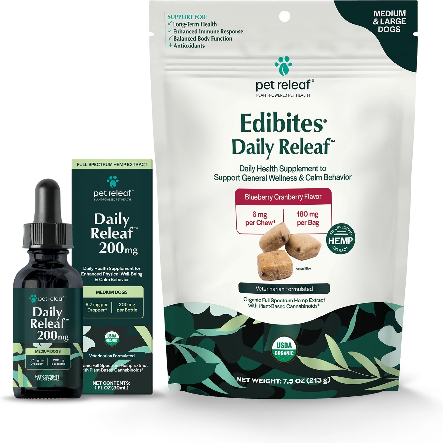 Pet Releaf Favorites - Edibites Daily ReleafBlueberry Cranberry & 200-mg Full Spectrum Hemp Medium & Large Dog Supplement, Chew & Liquid Bundle