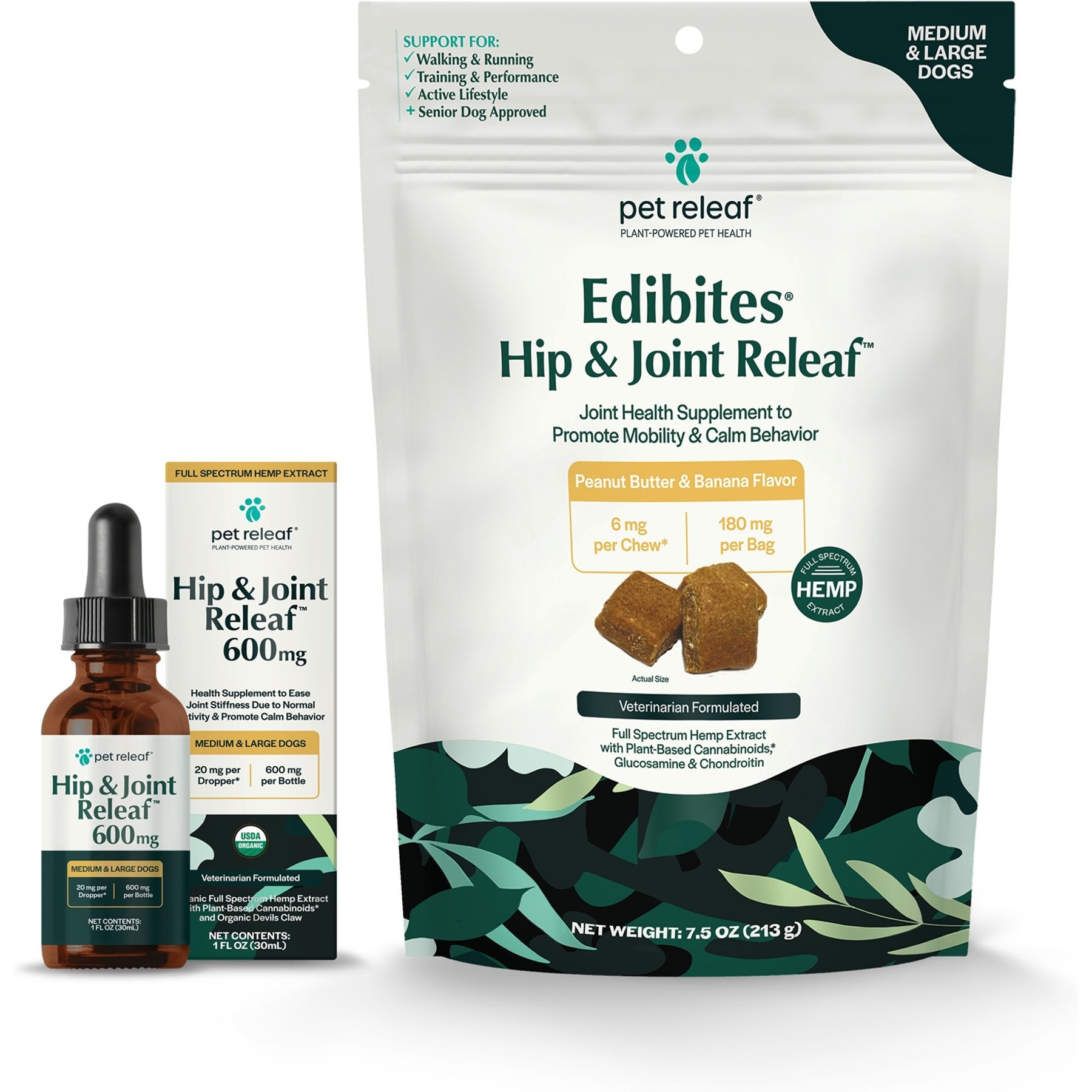 Pet Releaf Favorites - Edibites Mobility Peanut Butter, Banana & Devil's ClawFull Spectrum Hemp Medium & Large Dog Supplement, Chew & Liquid Bundle