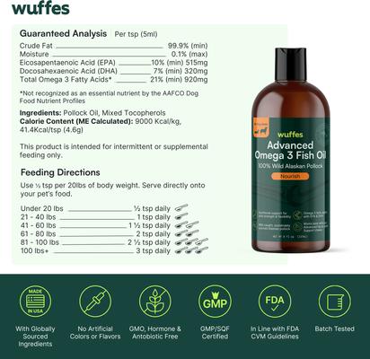 Show full view: Wuffes Advanced Omega 3 Fish Oil with Natural EPA & DHA for Skin & Coat, Joint, Digestion & Immune Support Liquid Supplement for Dogs, 16-fl oz bottle slide 8 of 8
