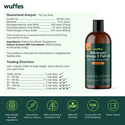 Show full view: Wuffes Advanced Omega 3 Fish Oil for Healthy Skin & Coat Supplement for Dogs, 16-fl oz bottle slide 9 of 10