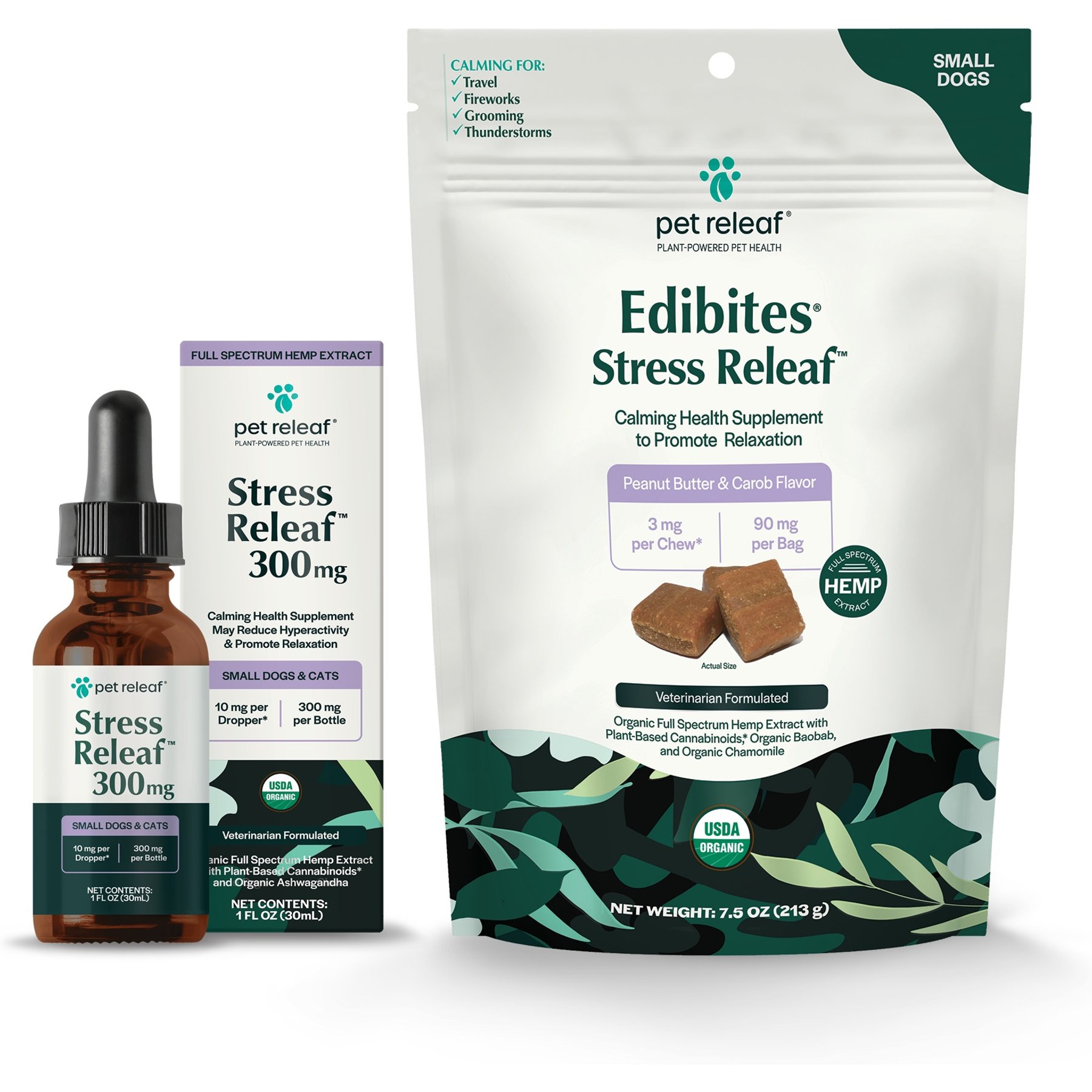 Pet Releaf Favorites - Edibites Calming Peanut Butter & Ashwaganda Full Spectrum Hemp Small Dog Supplement, Chew & Liquid Bundle