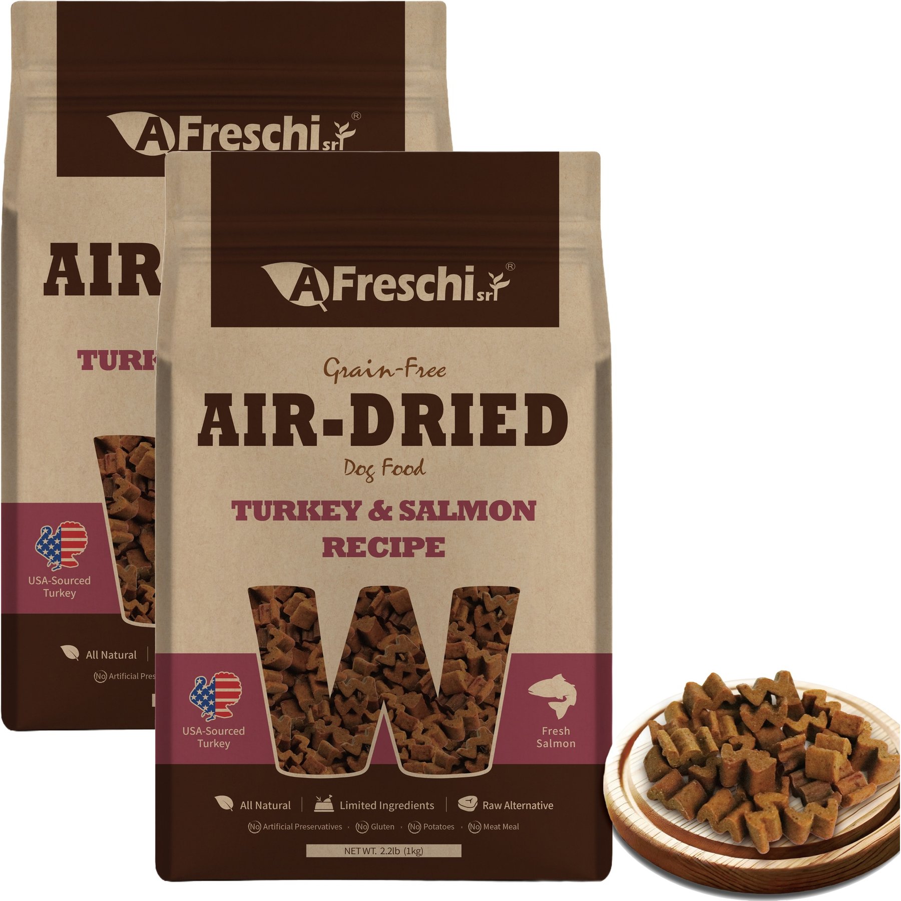 AFreschi Air-Dried Turkey & Salmon Recipe Grain-Free Dog Food, 2.2-lb bag, bundle of 2
