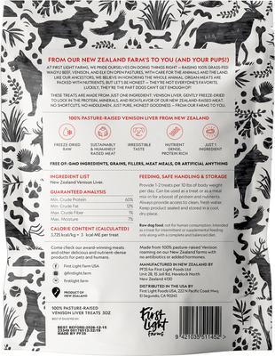 Show full view: First Light Farms Venison Liver 100% Pasture Raised Grain-Free Raw Freeze-Dried Dog Treats, 3-oz bag slide 3 of 3
