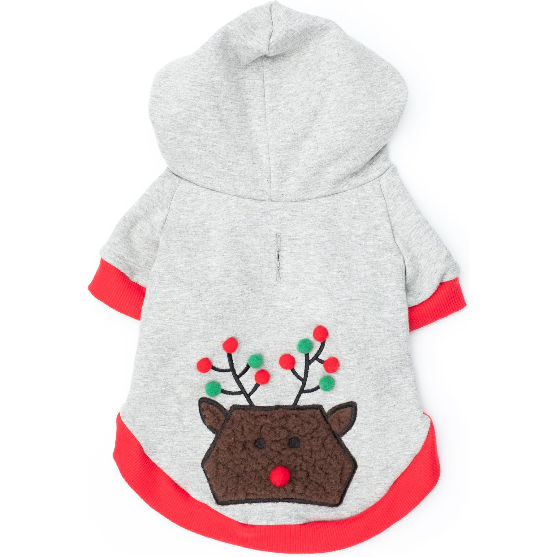 The Worthy Dog Christmas Pom Pom Reindeer Dog Hoodie, XX-Large