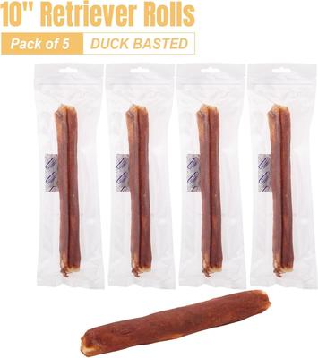 Show full view: Amzey Long-Lasting Retriever Rolls 10-in Duck Wrapped Rawhide Bone Dog Chew Treats, 1-lb box, 5 count slide 10 of 10