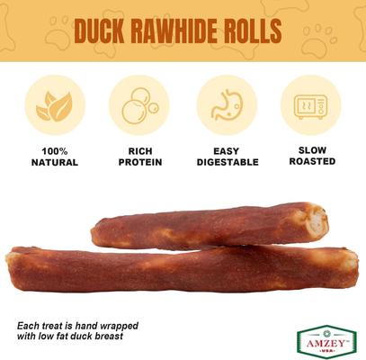 Show full view: Amzey Long-Lasting Retriever Rolls 10-in Duck Wrapped Rawhide Bone Dog Chew Treats, 1-lb box, 5 count slide 4 of 10