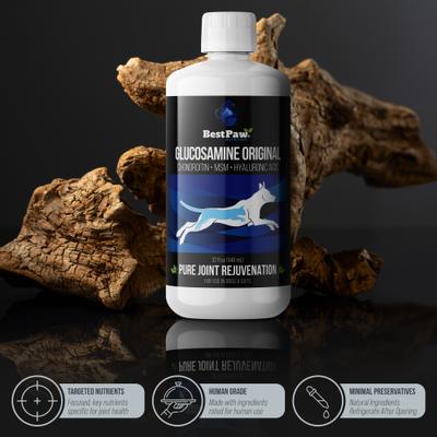 Show full view: Best Paw Nutrition Original Dream Glucosamine Unflavored Liquid Joint Support Supplement for Dogs & Cats, 32-fl oz bottle slide 7 of 10