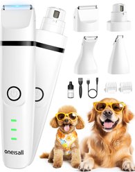 OneIsAll N12 4-in-1 Cordless Low Noise Paw Trimmer & Rechargeable Quiet Dog Grooming Kit with 2-Speed Clippers, White
