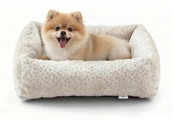 JOEJOY Rabbit Fur Leopard Print Dog & Cat Bed with Anti-Slip Bottom & Removable Cover, White, Small