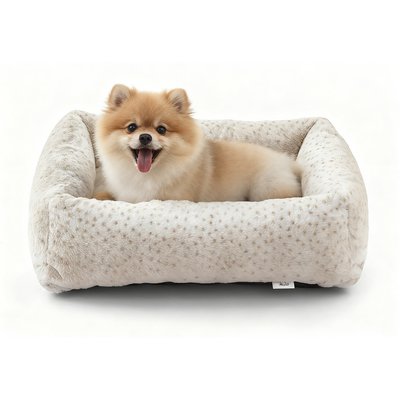 JOEJOY JOEJOY Rabbit Fur Leopard Print Dog & Cat Bed with Anti-Slip Bottom & Removable Cover, Beige, Small