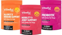 Vibeful Favorites - Mobility, Probiotic & Allergy Beef, Pumpkin, & Peanut Butter Dog Soft Chew Supplements, 42 count bundle