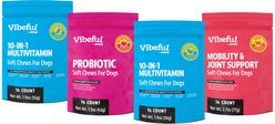 Vibeful Favorites - Mobility, Multivitamins & Probiotic Beef, Peanut Butter, Chicken & Pumpkin Dog Soft Chew Supplements, 56 count bundle