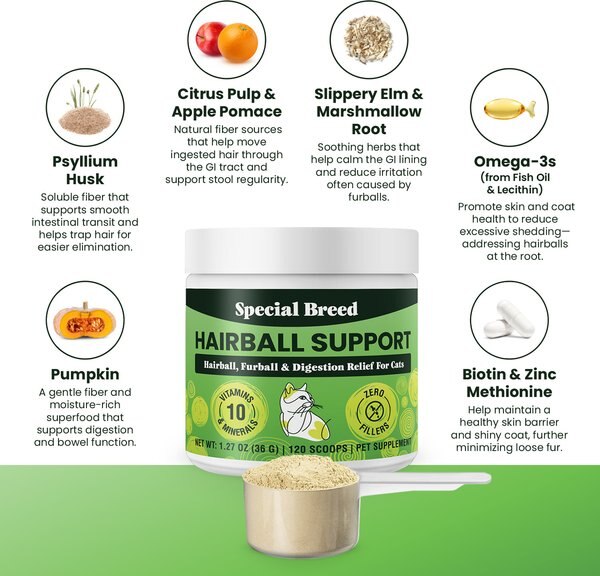 Special Breed 10 Super Ingredients Hairball Support Powder Supplement for Cats