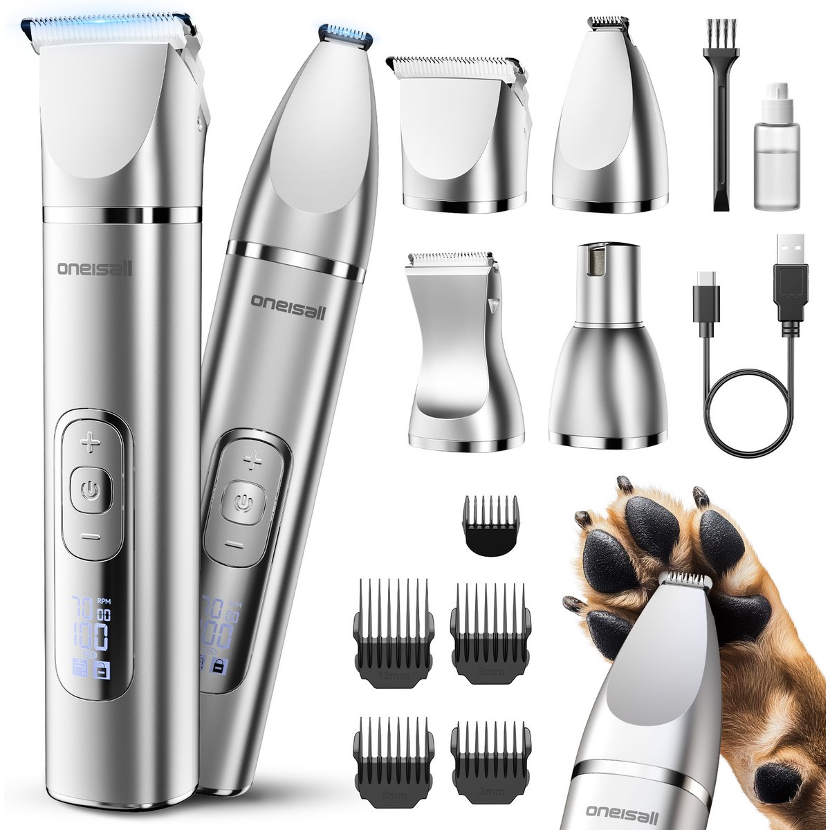 OneIsAll Cordless 4 in 1 Low Noise Dog Grooming Clippers & Paw Nail Grinder Kit