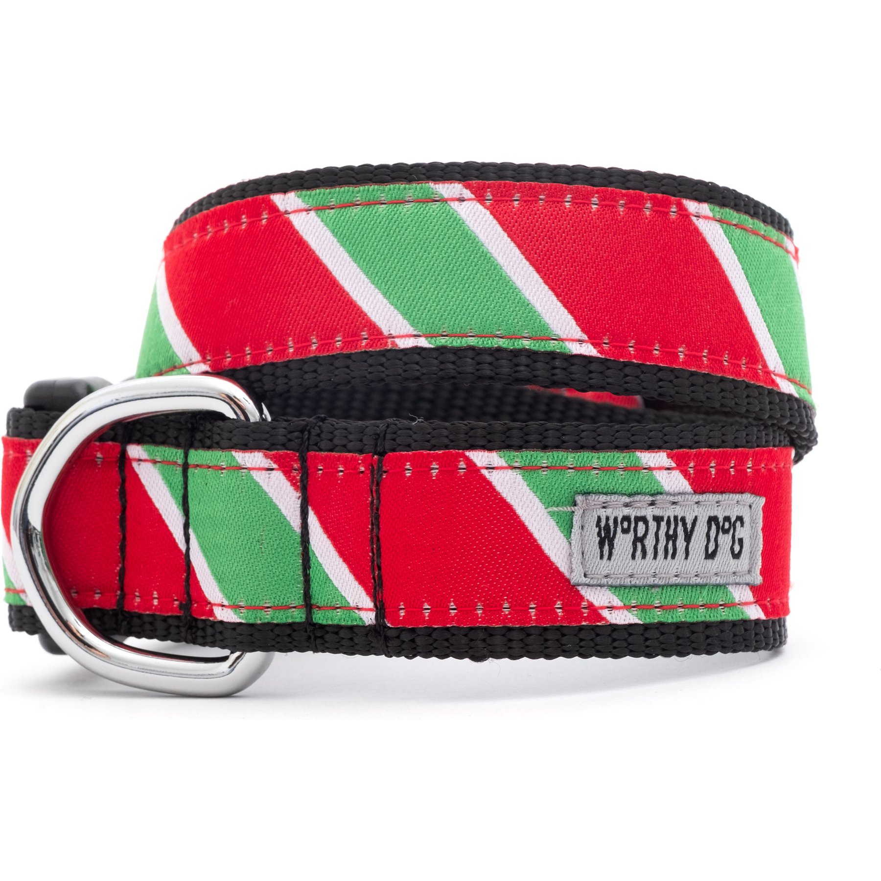 The Worthy Dog Holiday Stripe Adjustable Dog Collar, Medium: 11 to 17-in neck, 1-in wide