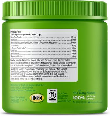Show full view: Zesty Paws Hemp Elements Calming Bites Turkey Flavored Soft Chews Composure Supplement for Dogs, 90 count slide 9 of 9