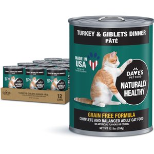 Dave's Pet Food Naturally Healthy Grain-Free Turkey & Giblets Dinner Pate Wet Canned Cat Food, 12.5-oz, case of 12
