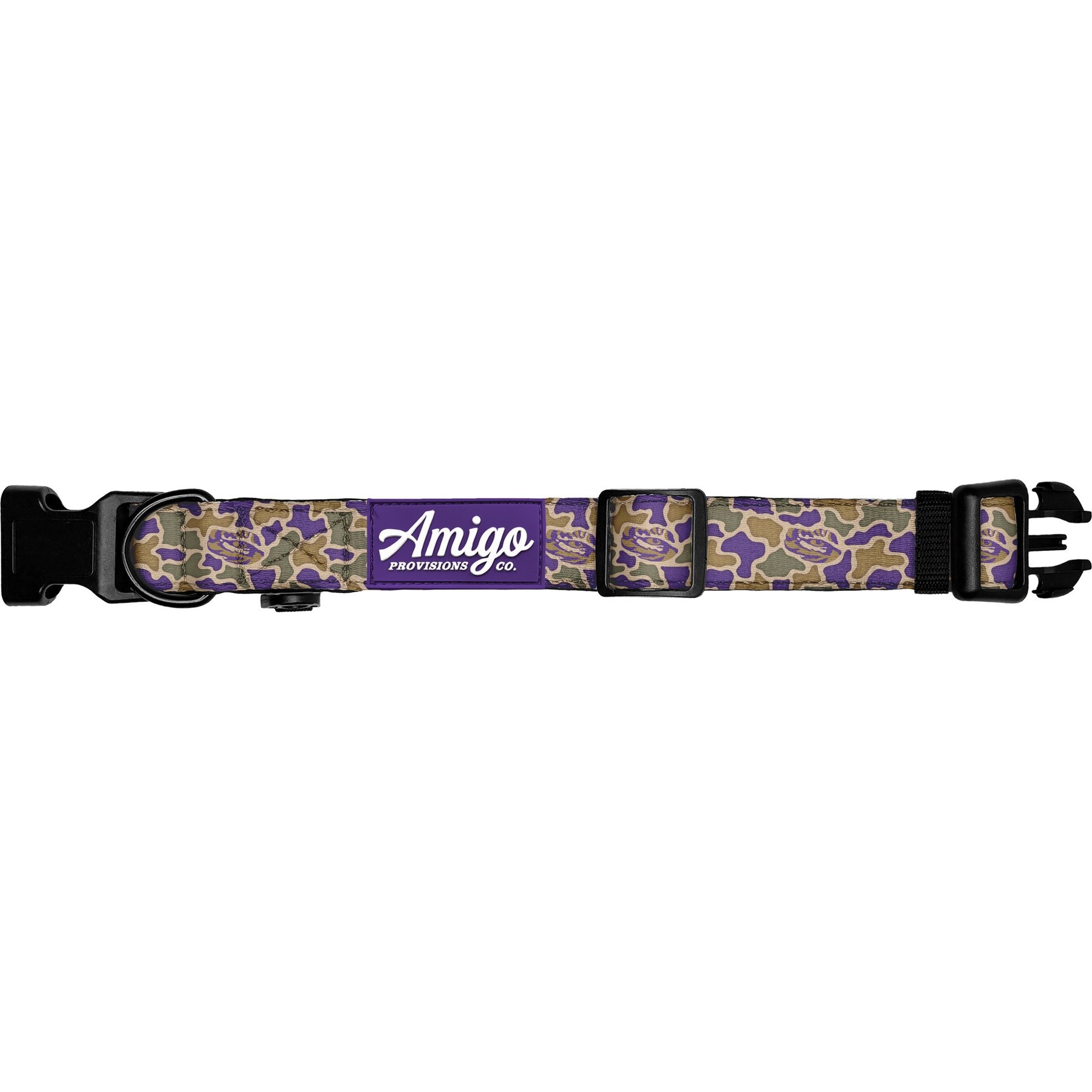 Amigo Provisions Tigers Performance Nylon Dog Collar, LSU Camo, X-Small/Small: 10 to 14-in neck, 3/4-in wide