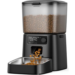 OneIsAll Dual Power Automatic Cat Feeder with Stainless Steel Bowl & Desiccant Bag, Black, Medium: 12-cup