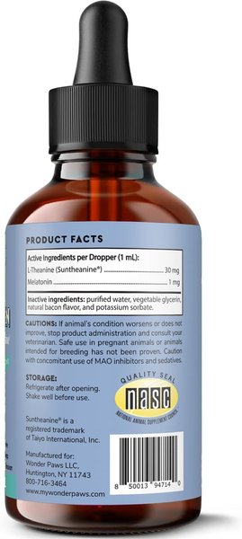 Show full view: Wonder Paws Melatonin & L-Theanine Bacon Flavored Liquid Calming Supplement for Dogs, 2-fl oz bottle slide 2 of 10