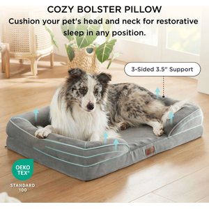 Bedsure Orthopedic Bolster Dog Sofa Bed with Removable Cover, Grey, Large