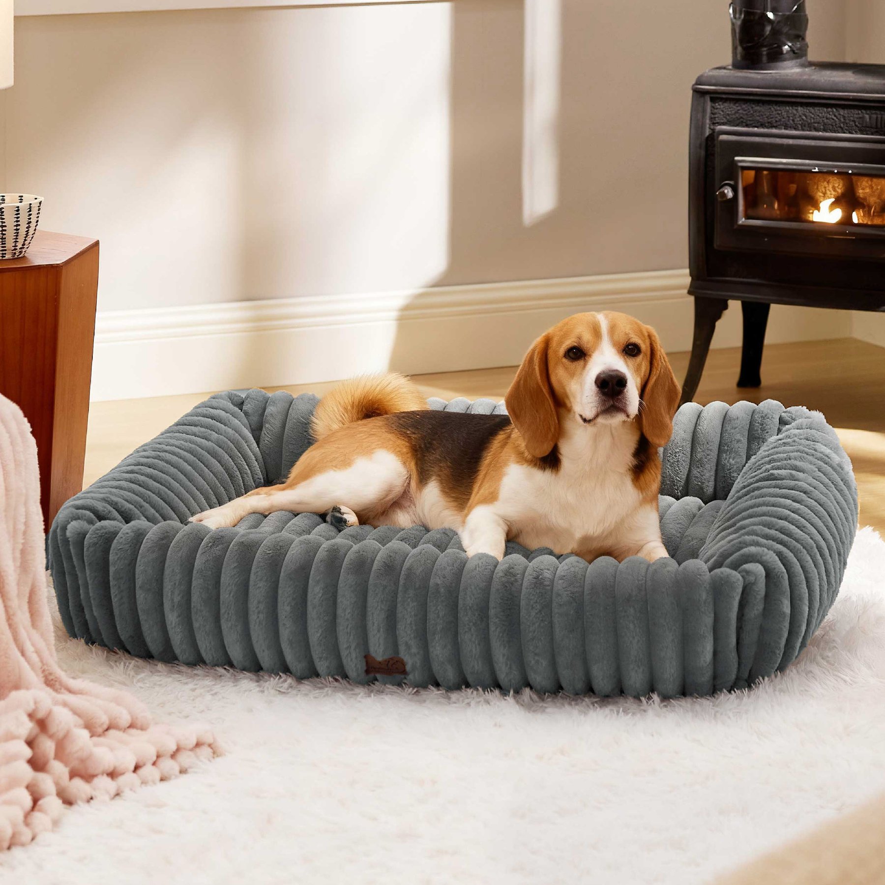 Bedsure ComfyFleece Orthopedic Bolster Dog Bed with Removable Cover, Warm Grey, Large