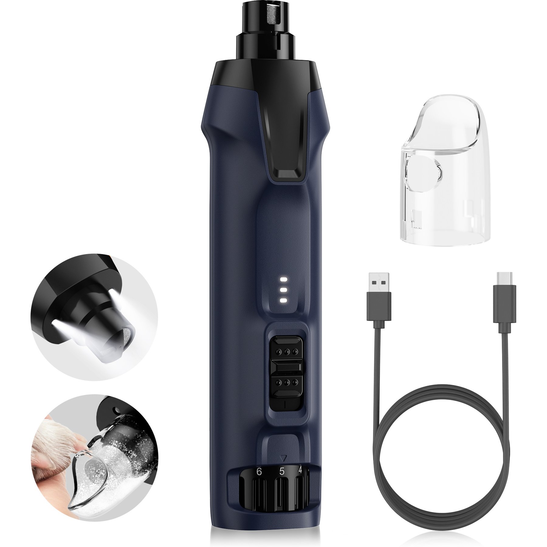 Bousnic Whisper Quiet 6-Speed Nail Grinder for Dogs & Cats with 2 LED Light, Dark Blue