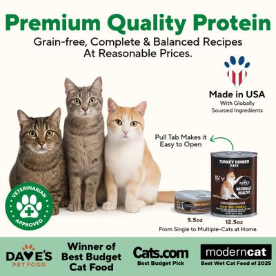 Show full view: Dave's Pet Food Naturally Healthy Grain-Free Turkey Dinner Pate Canned Wet Cat Food, 5.5-oz can, case of 24 slide 3 of 12