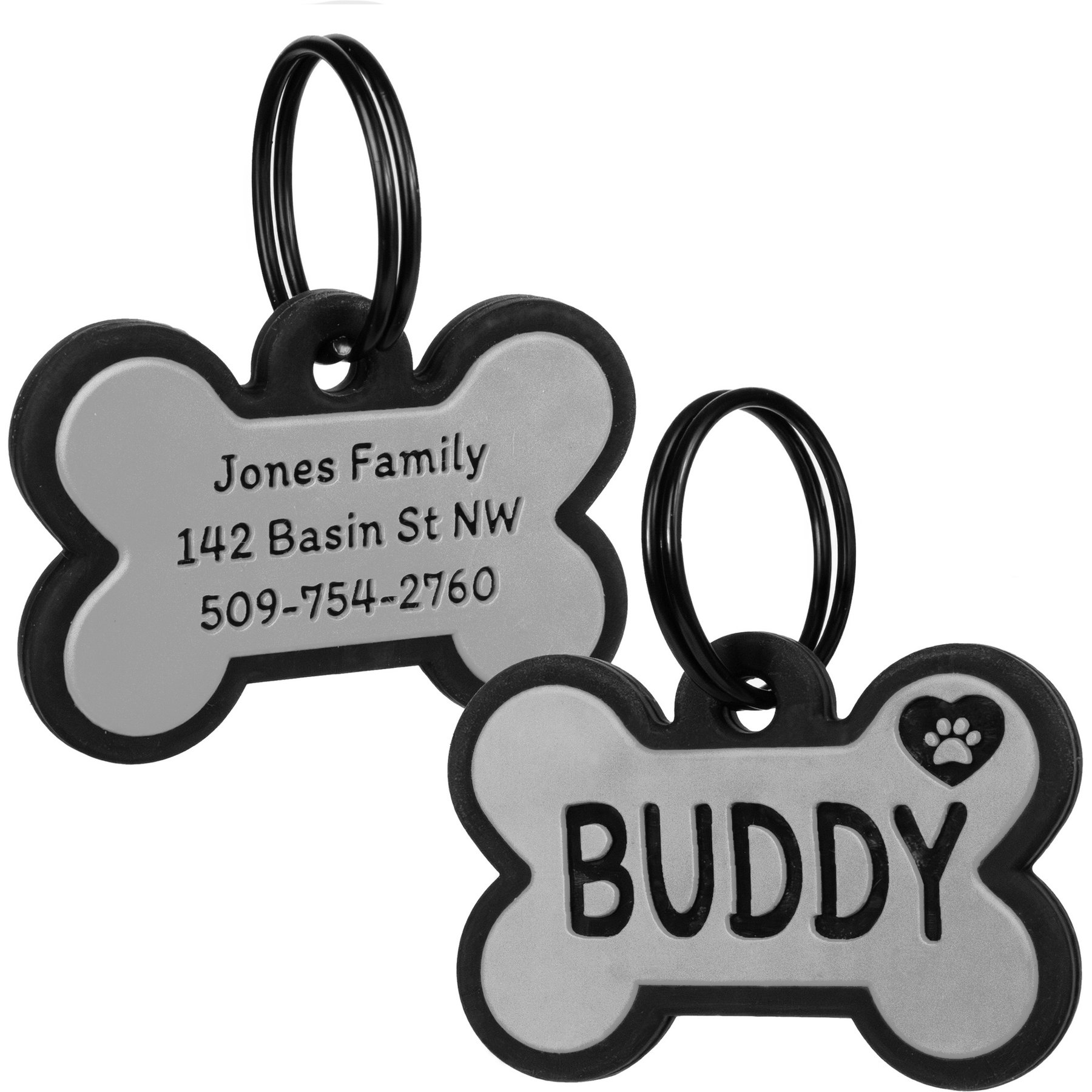 GoTags Personalized Silicone Bone Dog ID Tag, Large, Gray