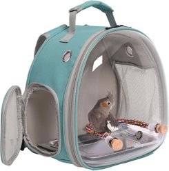 Halinfer Clear Space Capsule Bubble Window Cockatiel Backpack Carrier with Standing Perch & Metal Tray, 2-lb bag, Green