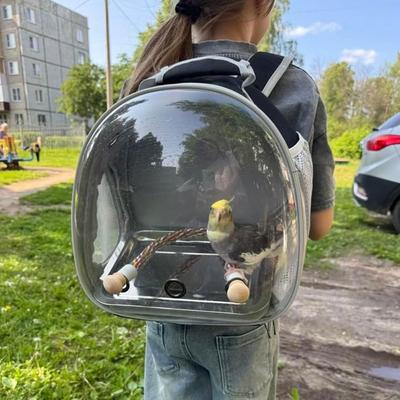 Show full view: Halinfer Clear Space Capsule Bubble Window Cockatiel Backpack Carrier with Standing Perch & Metal Tray, 2-lb bag, Black slide 5 of 7