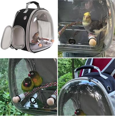 Show full view: Halinfer Clear Space Capsule Bubble Window Cockatiel Backpack Carrier with Standing Perch & Metal Tray, 2-lb bag, Black slide 4 of 7