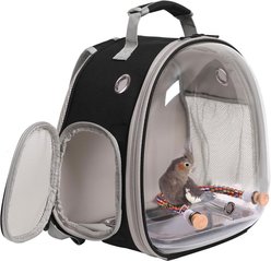 Halinfer Clear Space Capsule Bubble Window Cockatiel Backpack Carrier with Standing Perch & Metal Tray, 2-lb bag, Black