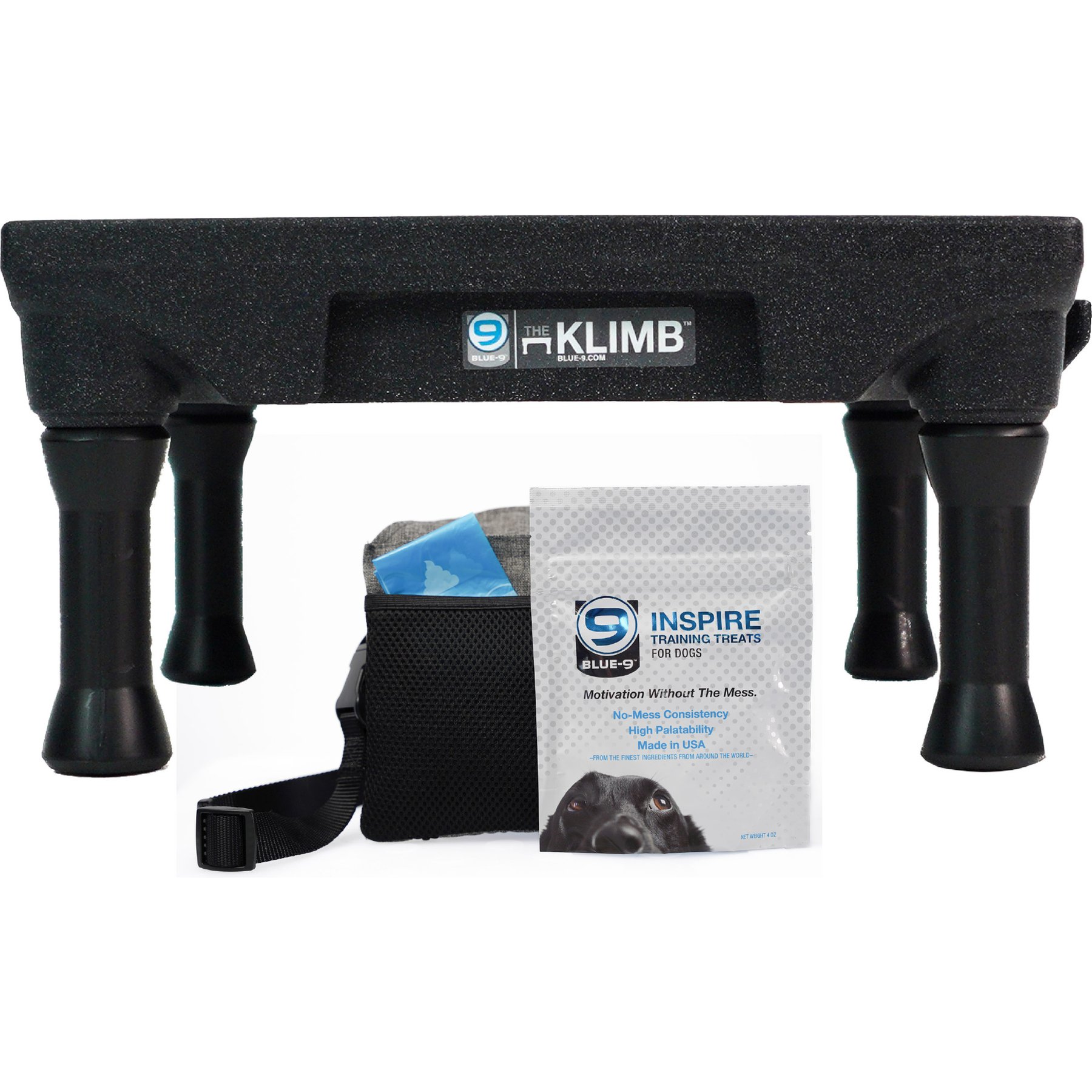 Blue-9 Happy Dog Starter Bundle includes KLIMB Training Platform, Traction Mat, Inspire Training Treat Pouch & Training Treats, Black