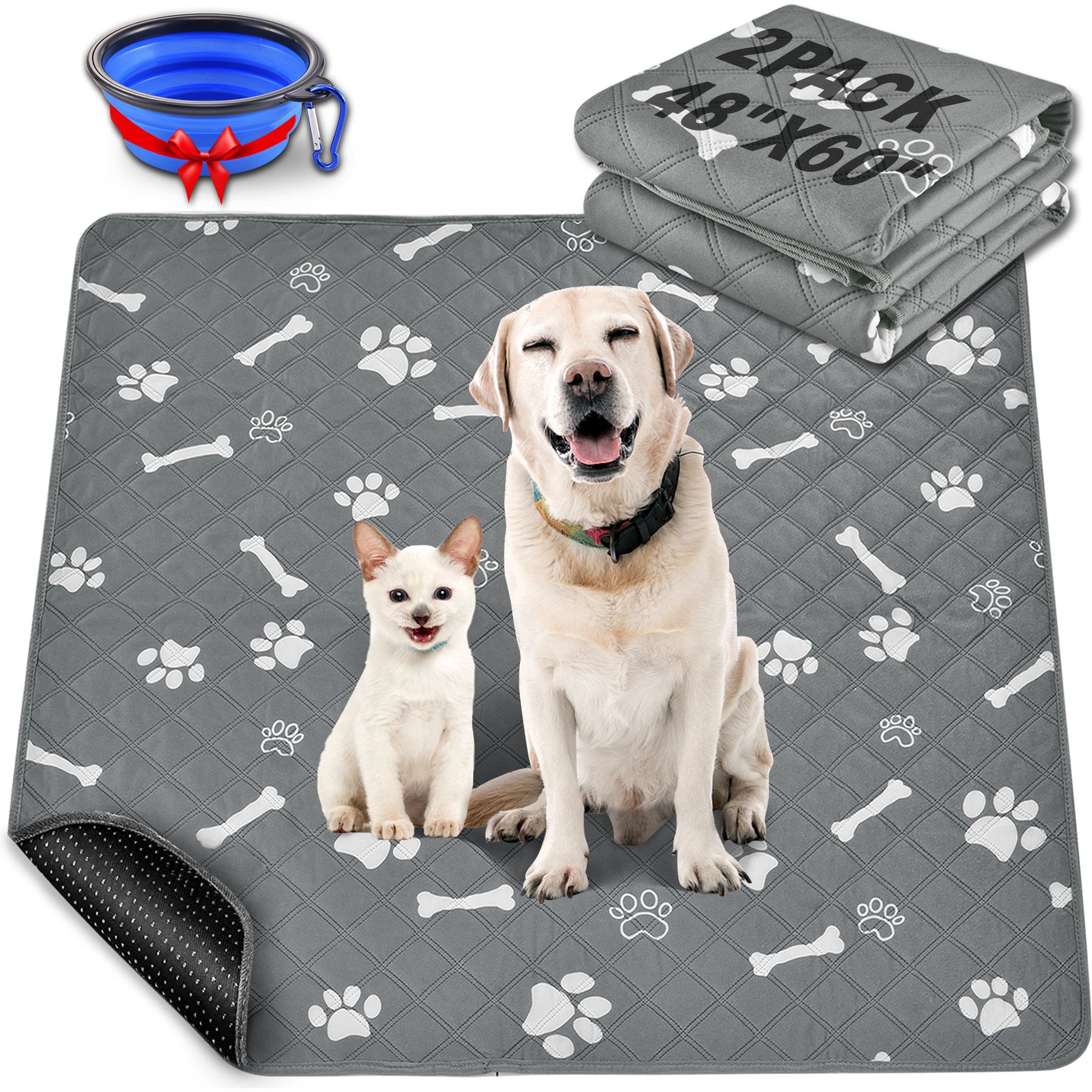 HOMAGICO Highly Absorbent Non-Slip Washable Dog Pee Pads with Dog Bowl, Gray, 48 x 60-in, 2