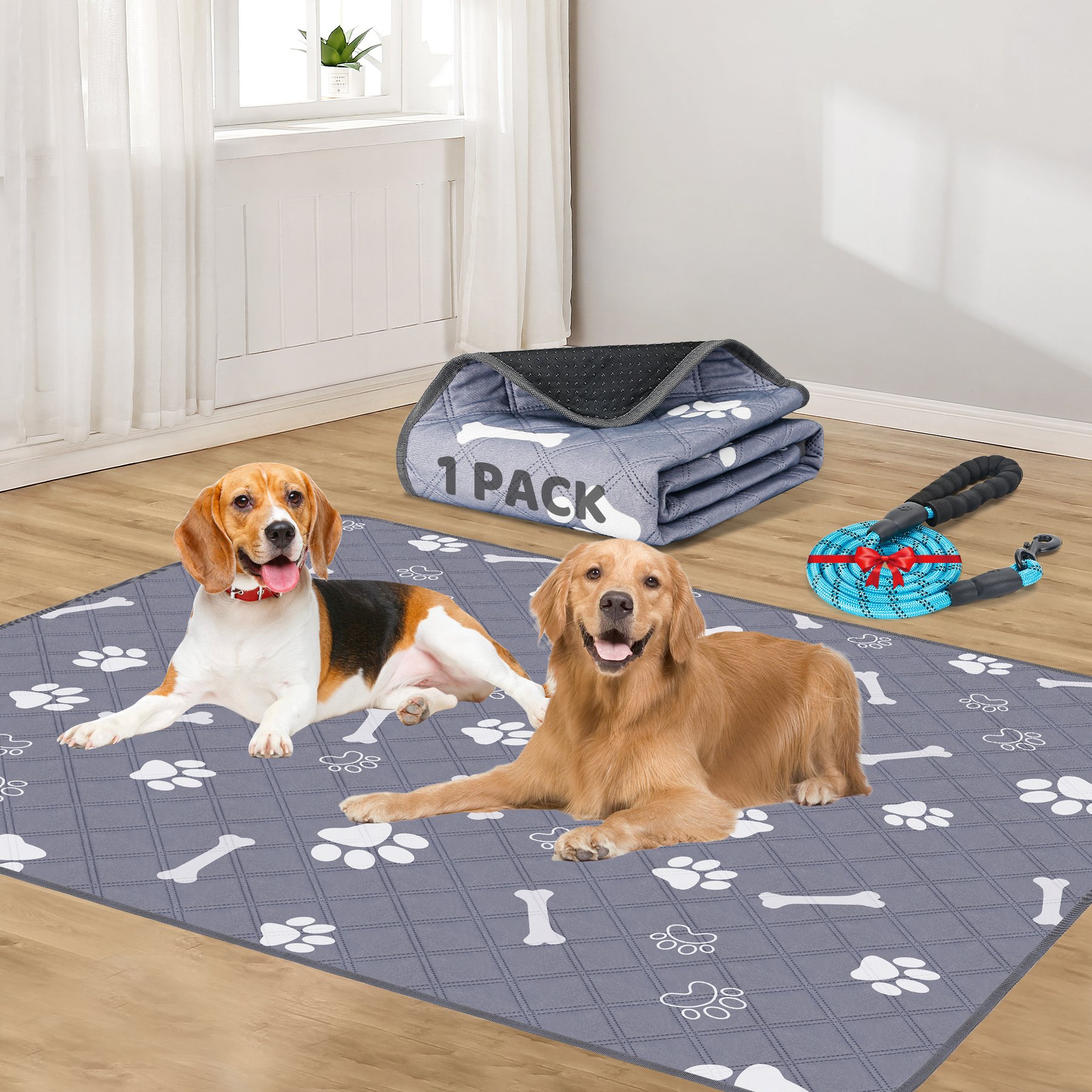 HOMAGICO Super Absorbent Non-Slip Washable Dog Pee Pads with Leash, Gray, 72 x 72-in, 1