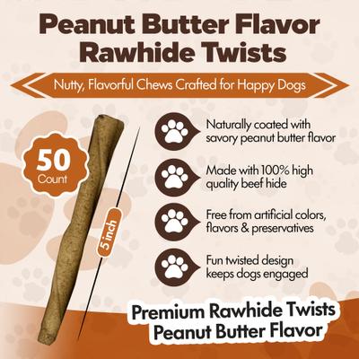 Show full view: The Treat Shack Twists 5-in Peanut Butter Flavor Rawhide Dog Chew Treats, 50 count slide 4 of 8
