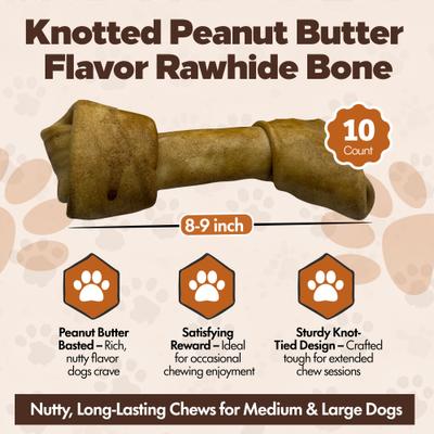 Show full view: The Treat Shack Knotted 8 to 9-in Peanut Butter Flavor Rawhide Bone Dog Treats, 10 count slide 4 of 8