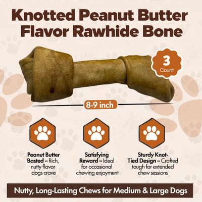 Show full view: The Treat Shack Knotted 8 to 9-in Peanut Butter Flavor Rawhide Bone Dog Treats, 3 count slide 4 of 8