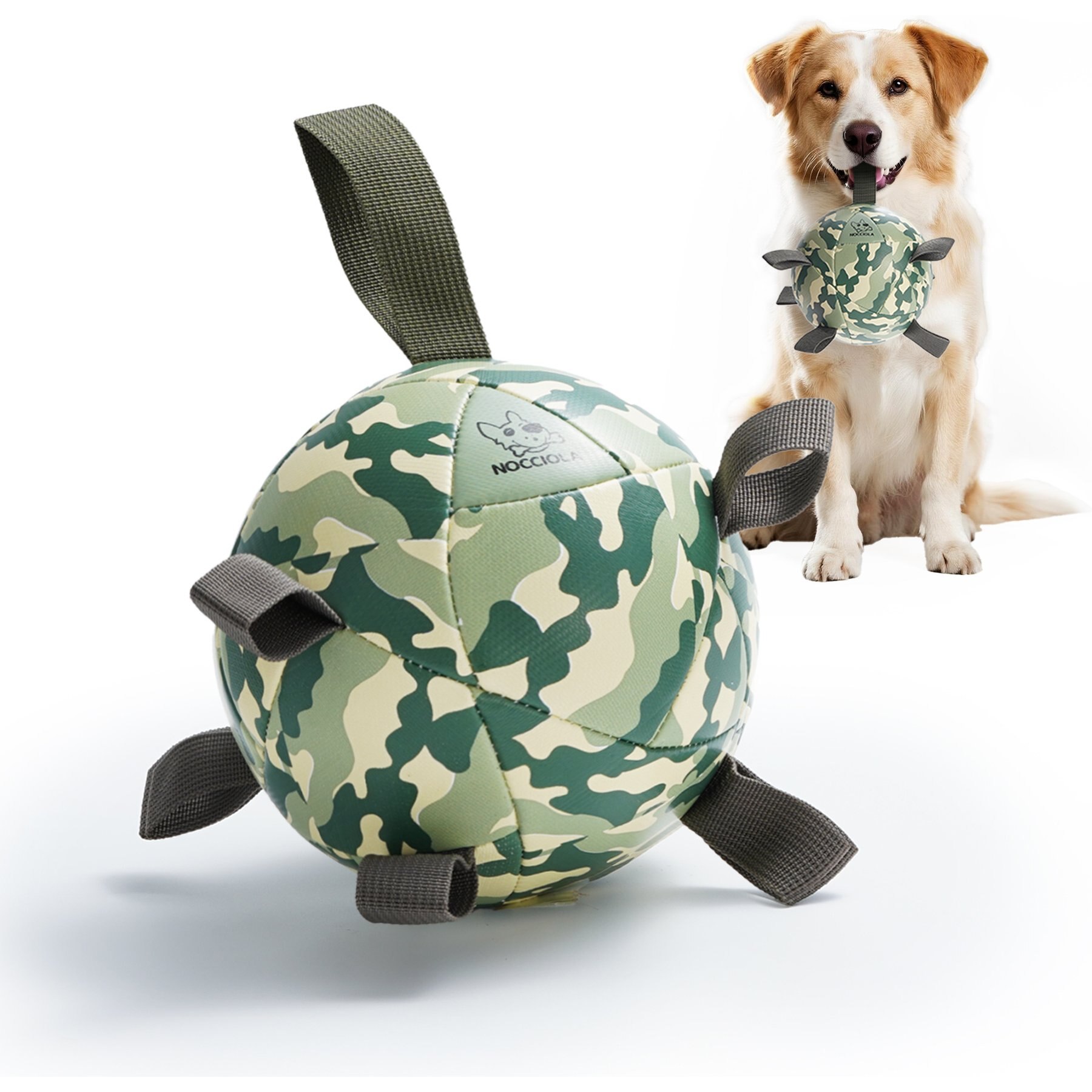 Nocciola K9 Commando Camouflage Soccer Interactive Durable Tug & Fetch Ball Dog Toy, Camo Champ Brown, Large: 8-in