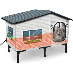 Invenho Heated Pointed Roof Outdoor Cat House with Printed Design, Grey, 25.7-in x 13.5-in