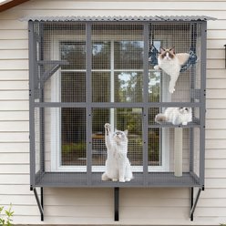 Yafylly Weatherproof Expandable Cat Window Box Enclosure with 3 Platforms & 1 Hammock, Gray, Large