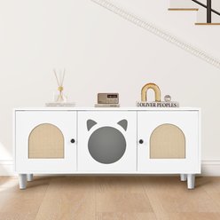 Yafylly Wood Cat Cabinet with Sisal Cat Scratcher, Cream White, Large