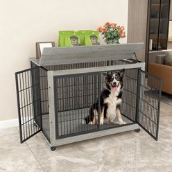 Yafylly Wooden Furniture Style End Table Double Door Dog Crate with Wheels, X-Large, Gray