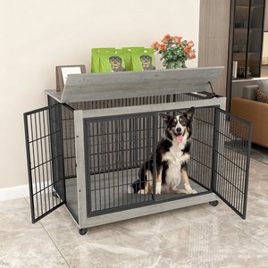 Yafylly Wooden Furniture Style End Table Double Door Dog Crate with Wheels, X-Large, Gray