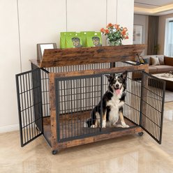 Yafylly Wooden Furniture Style End Table Double Door Dog Crate with Wheels, X-Large, Rustic Brown