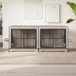 Yafylly Indoor Furniture Style Double Door Dog Crate with Rotatable Feeding Bowl, Large: 78.7 inch, Grey