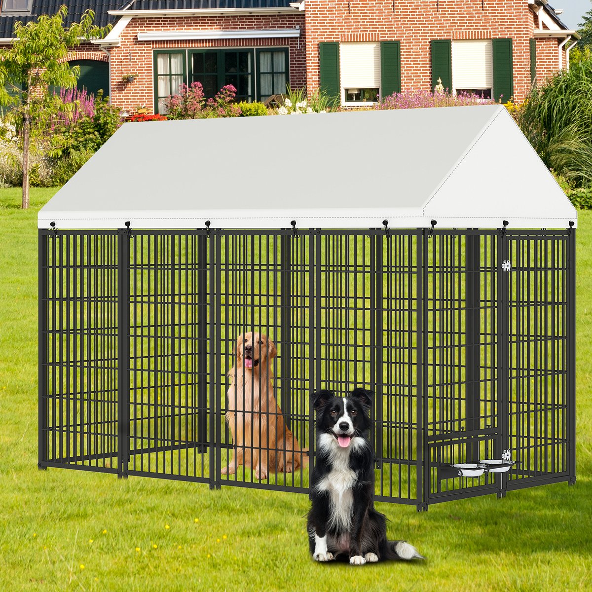 Yafylly Outdoor Roof Dog Kennel with 2 Rotating Feeder Bowl, Black, Large