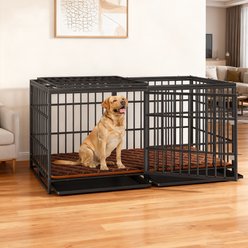 Yafylly Heavy Duty Double Door Dog Crate with 2 Removable Pans, Black, X-Large: 61 inch